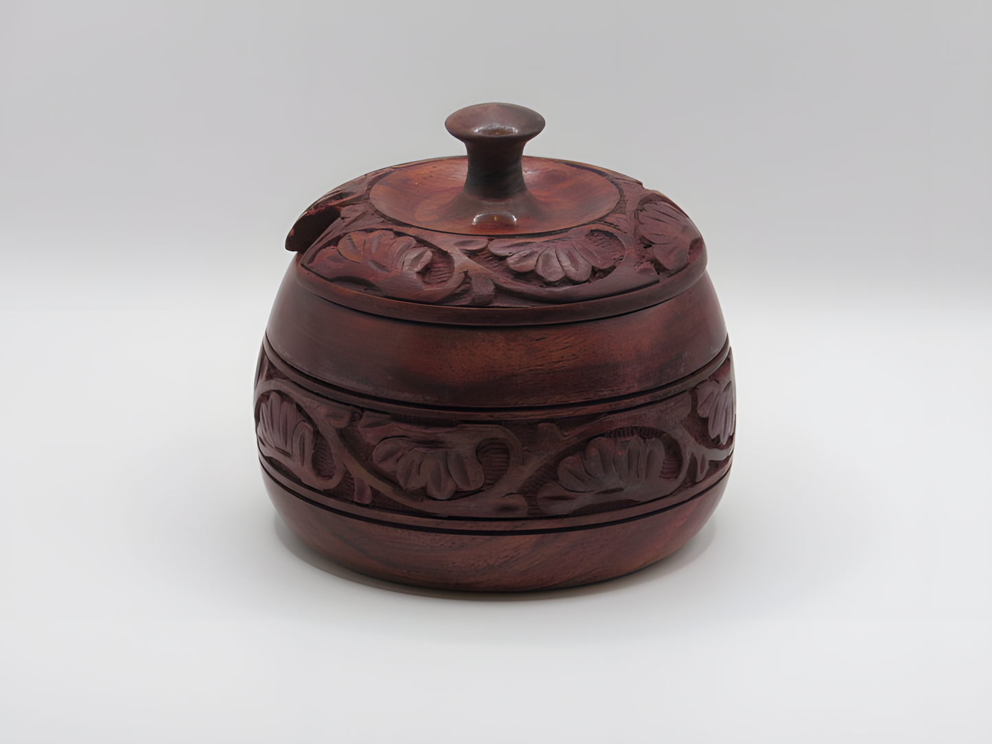 Handcrafted Wooden Tiffin Box with Floral Carving and Lid