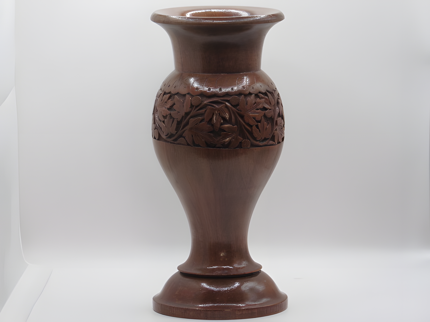 Handcrafted Wooden Vase with Ornate Floral Carving