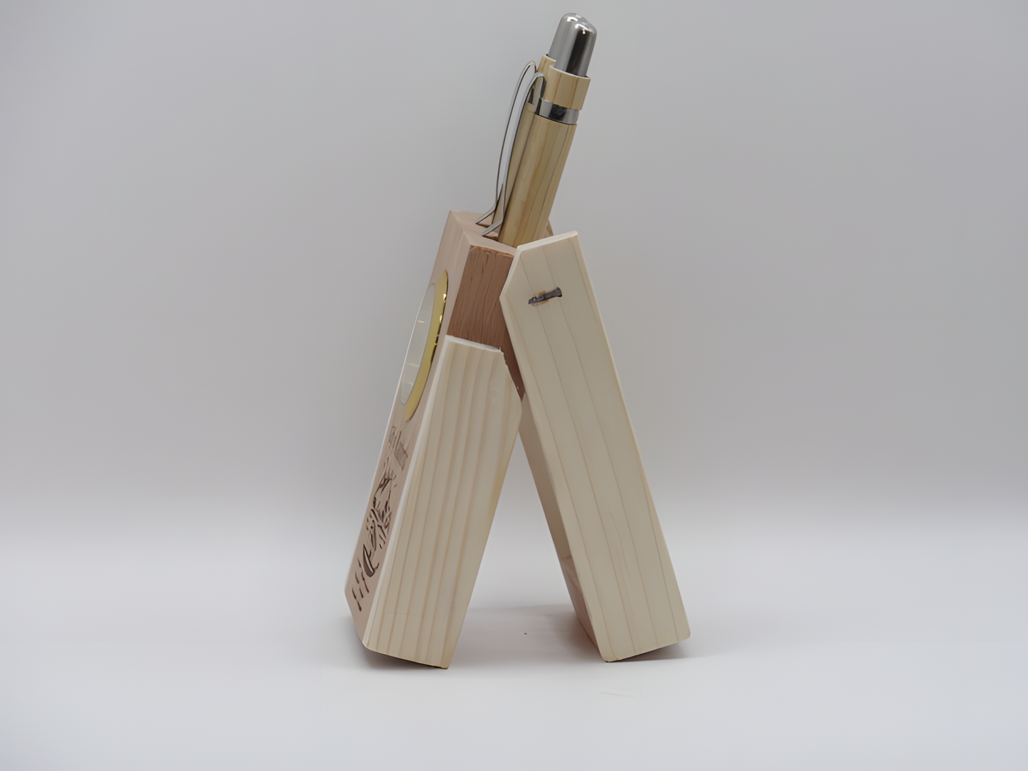 Gift of Kashmir Wooden Table Clock & Pen Stand Set with Houseboat Motif