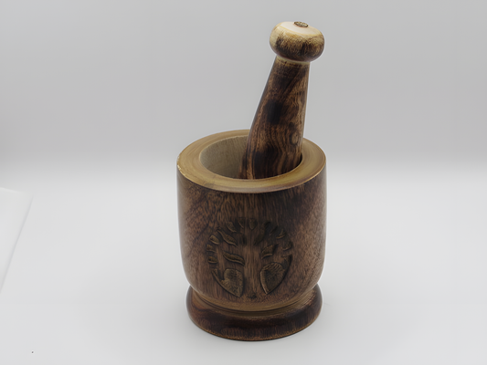 Handcrafted Kashmiri Walnut Wood Mortar & Pestle – Chinar Motif Crusher