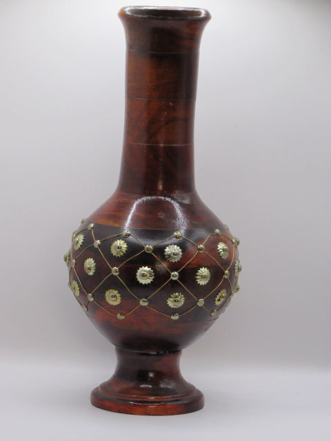 Handcrafted Kashmiri Walnut Wood Vase with Brass Inlay Accents
