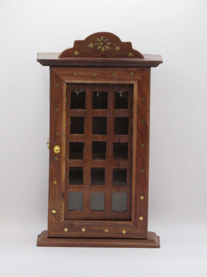 Handcrafted Walnut Wood Key Holder Cabinet with Glass Door and Brass Inlay