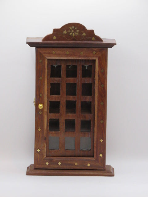 Handcrafted Walnut Wood Key Holder Cabinet with Glass Door and Brass Inlay