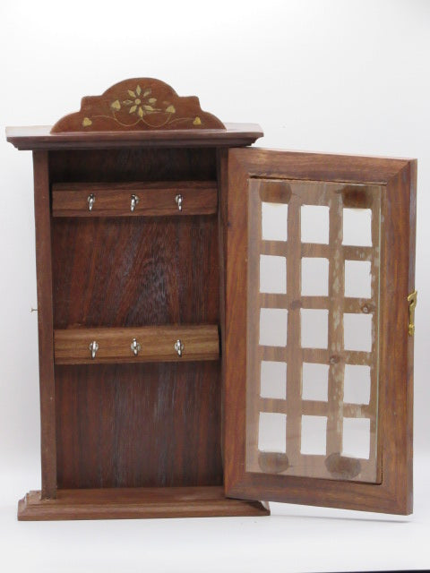 Handcrafted Walnut Wood Key Holder Cabinet with Glass Door and Brass Inlay