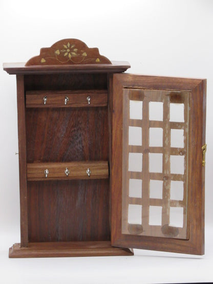 Handcrafted Walnut Wood Key Holder Cabinet with Glass Door and Brass Inlay