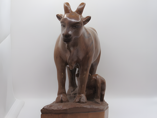 Handcrafted Wooden Cow and Calf Sculpture