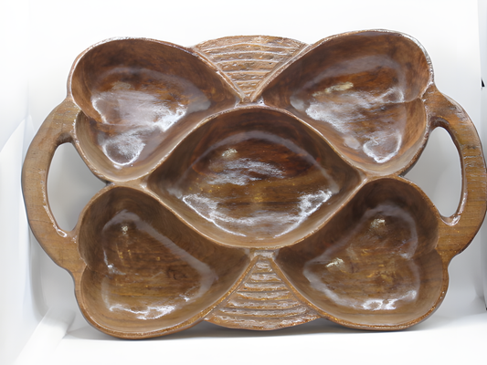 Handcrafted Wooden Dry Fruit Plate with Five Heart-Shaped Compartments
