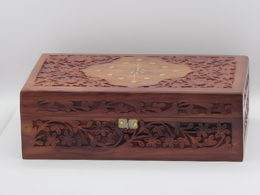 Handcrafted Wooden Safety Box with Floral Carving and Velvet Lining