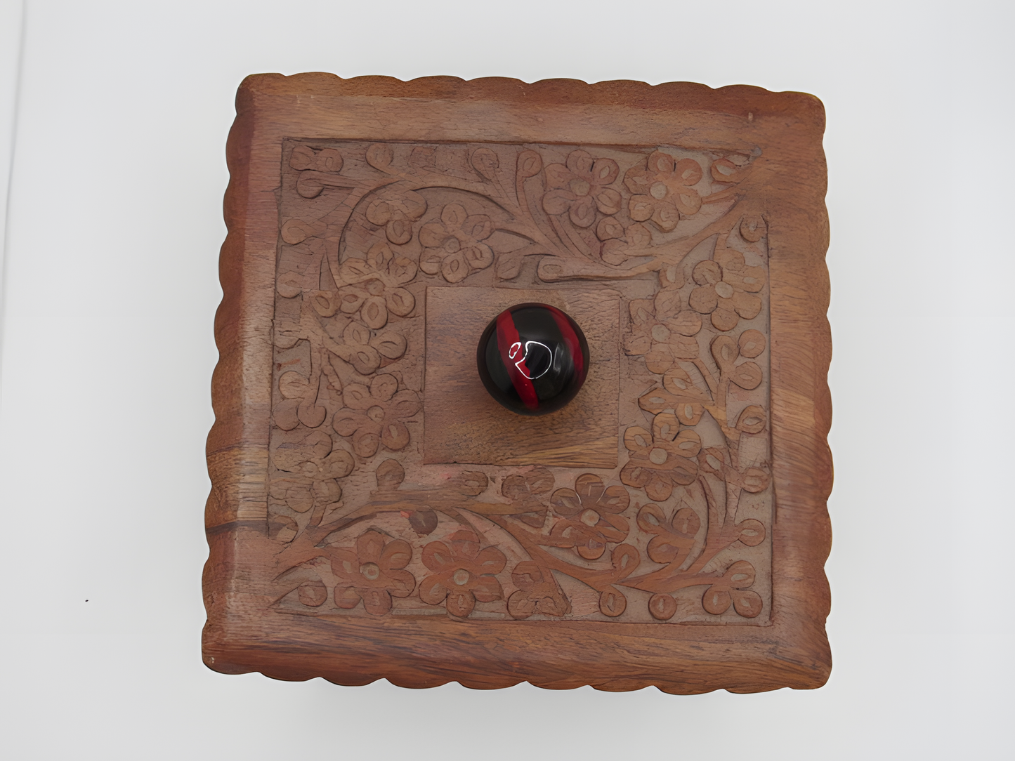 Handcrafted Wooden Safety Box with Floral Carving and Knob Handle