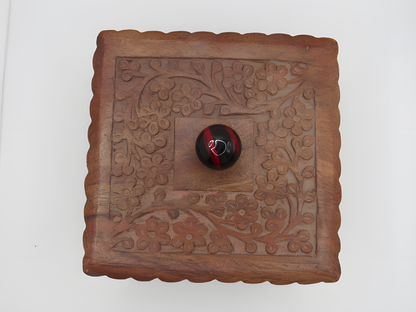 Handcrafted Wooden Safety Box with Floral Carving and Knob Handle
