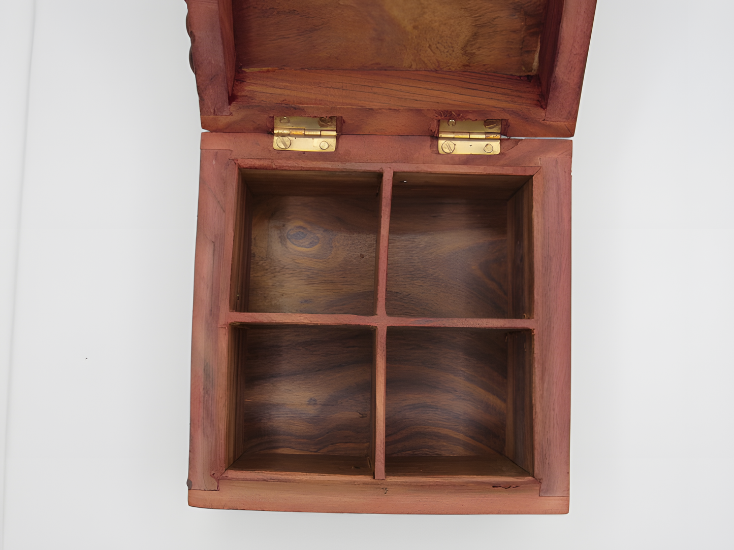 Handcrafted Wooden Safety Box with Floral Carving and Knob Handle