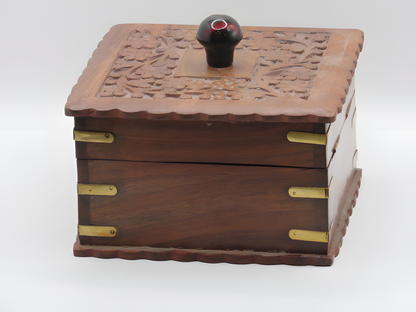 Handcrafted Wooden Safety Box with Floral Carving and Knob Handle