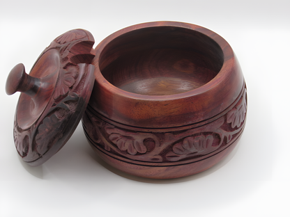 Handcrafted Wooden Tiffin Box with Floral Carving and Lid