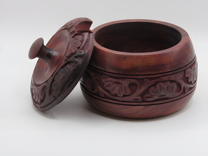 Handcrafted Wooden Tiffin Box with Floral Carving and Lid