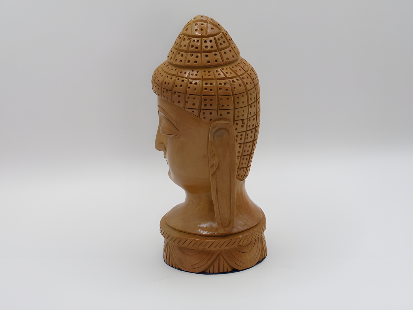 Handcrafted Wooden Buddha Head Sculpture with Fine Detailing