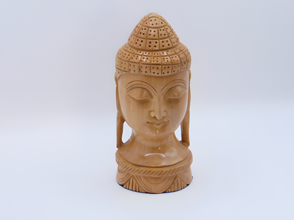 Handcrafted Wooden Buddha Head Sculpture with Fine Detailing
