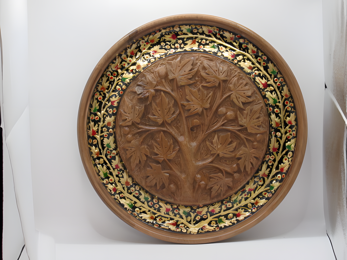 Handcrafted Kashmiri Walnut Wood Decorative Plate with Leaf Carving