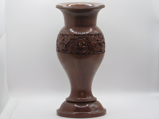 Handcrafted Wooden Vase with Ornate Floral Carving