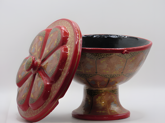 Handcrafted Kashmiri Pedestal Pot with Painted Floral Motifs and Lid