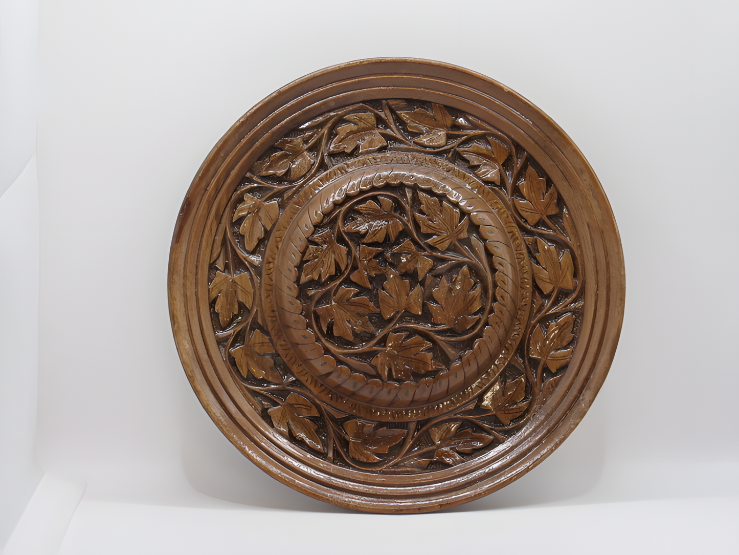 Handcrafted Kashmiri Walnut Wood Decorative Plate with Leaf Carving