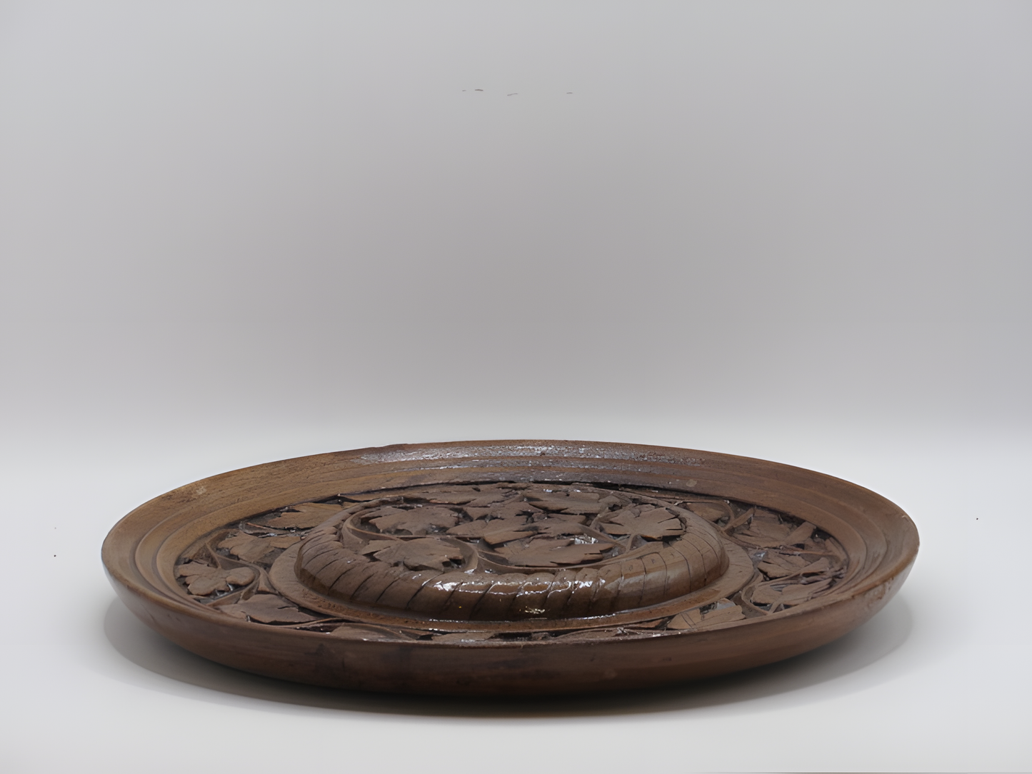 Handcrafted Kashmiri Walnut Wood Decorative Plate with Leaf Carving