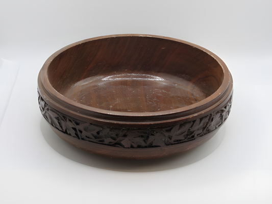 Handcrafted Kashmiri Walnut Wood Bowl with Leaf Carving
