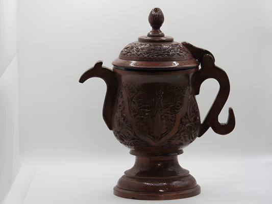 Handcrafted Kashmiri Walnut Wood Carved Pot with Hinged Lid and Handles