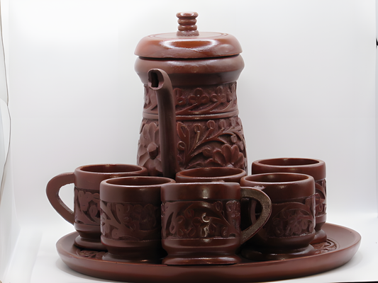 Handcrafted Kashmiri Walnut Wood Carved Tea Set (7-Piece Set)