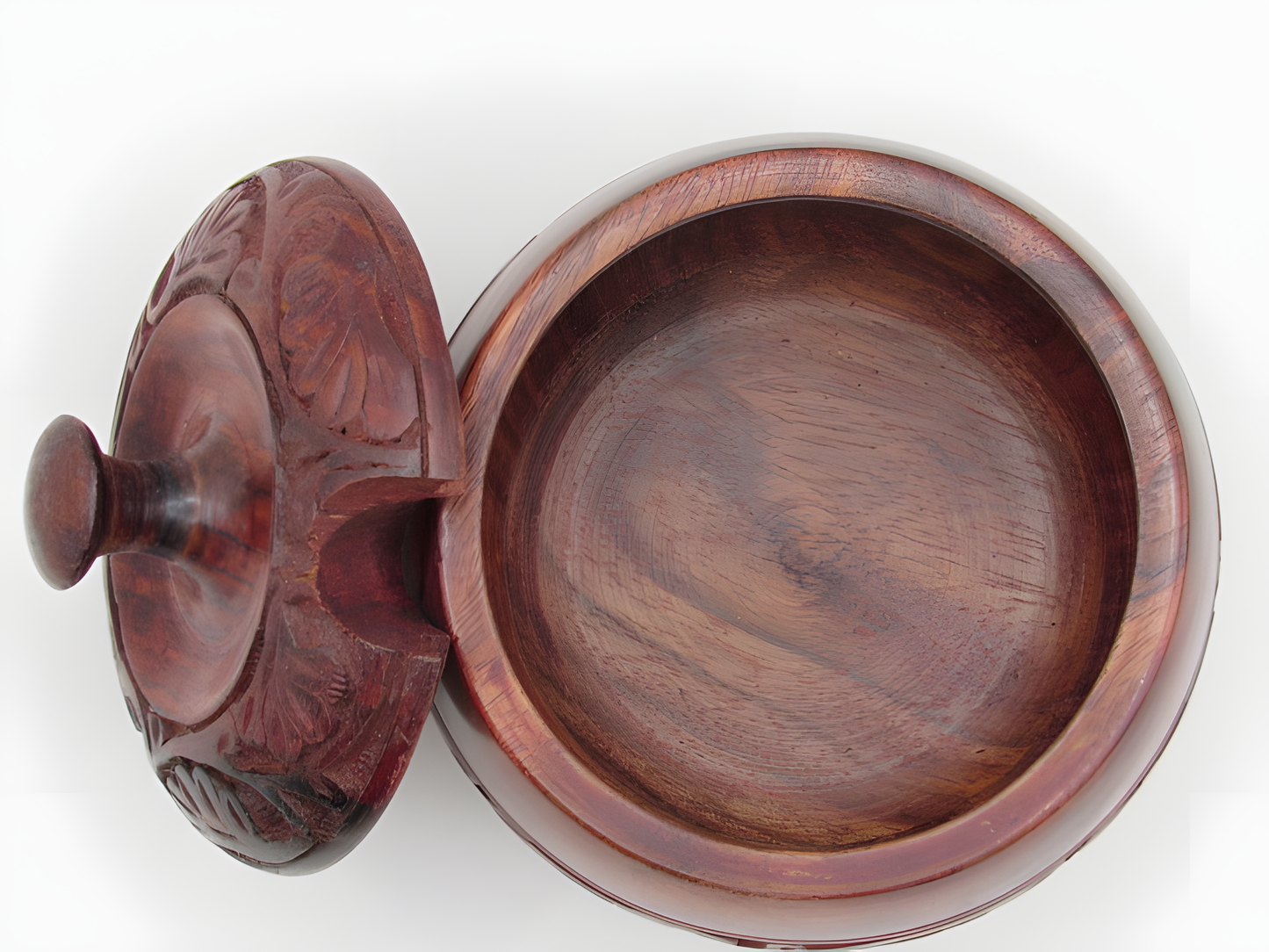 Handcrafted Wooden Tiffin Box with Floral Carving and Lid