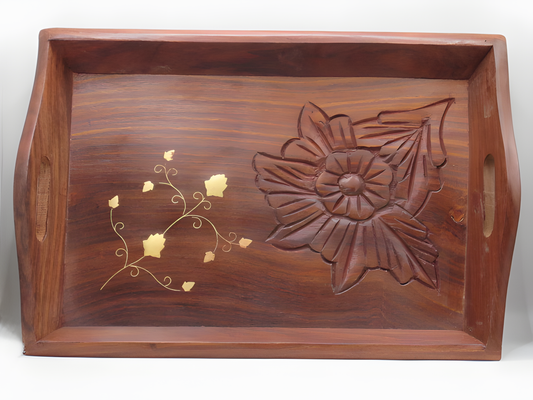 Handcrafted Walnut Wood Serving Tray with Brass Inlay and Floral Carving