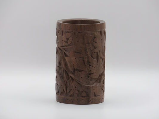 Handcrafted Kashmiri Walnut Wood Carved Cylindrical Pot/Planter