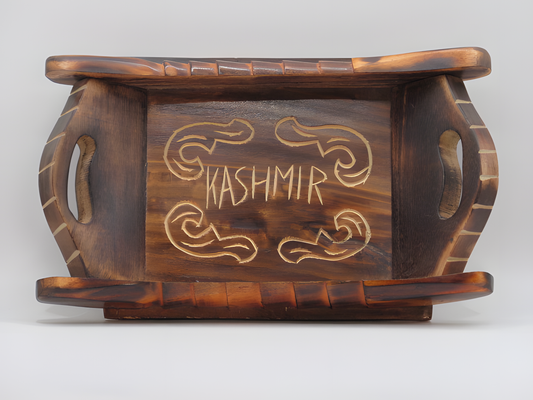 Handcrafted Walnut Wood Serving Tray with "KASHMIR" Motif and Engraved Artwork