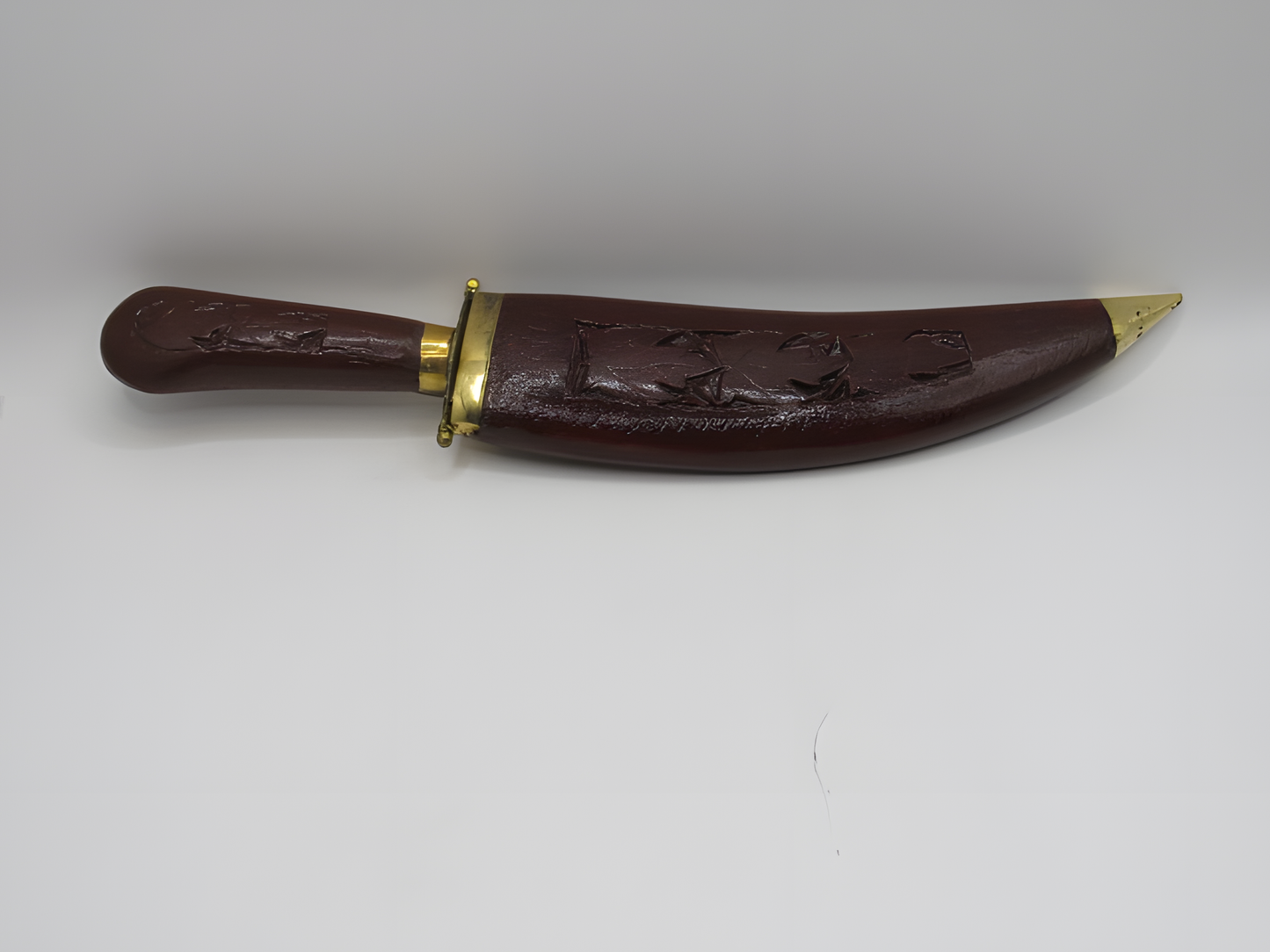 Handcrafted Kashmiri Walnut Wood Handled Knife with Carved Sheath and Brass Accents