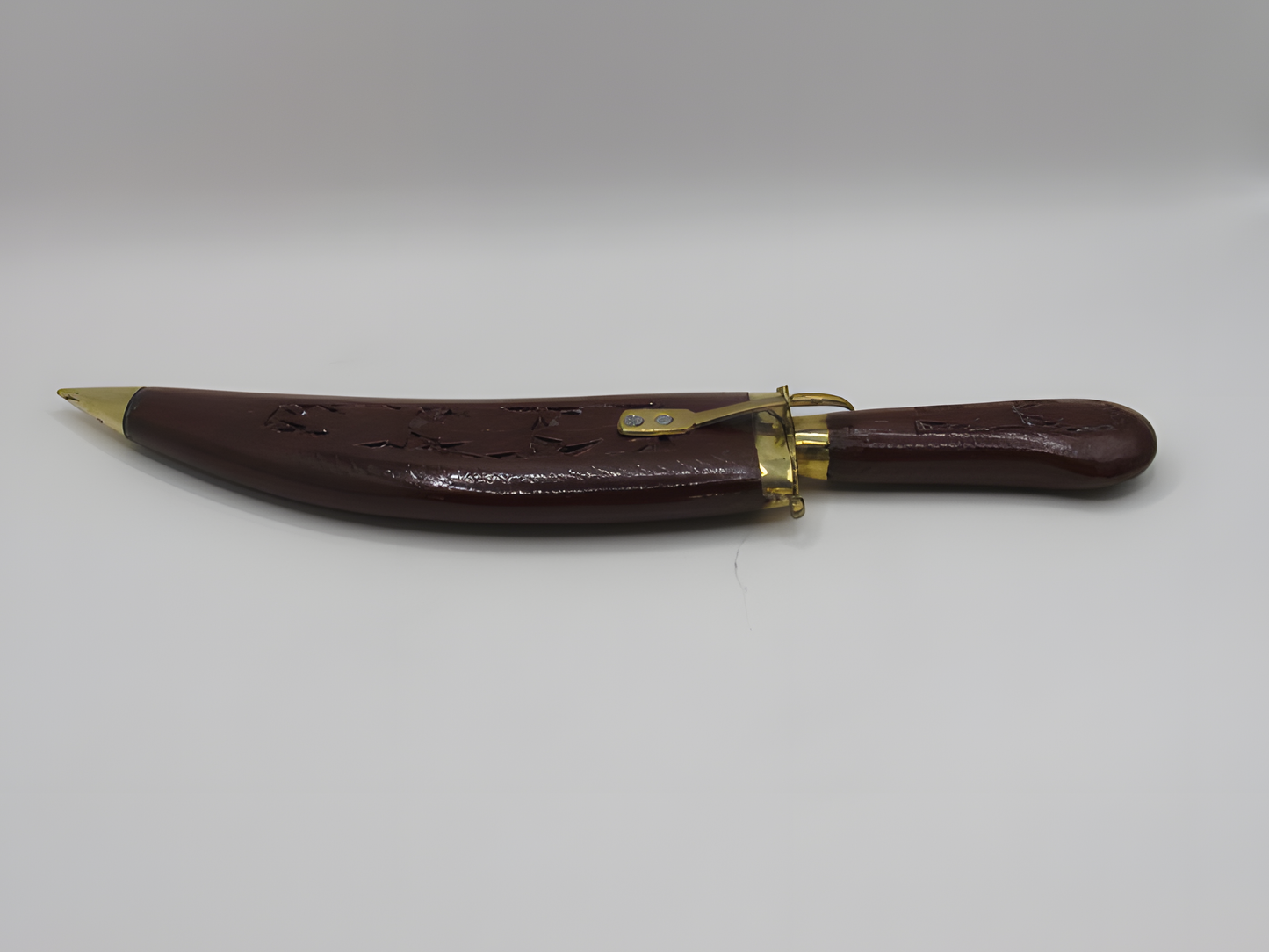 Handcrafted Kashmiri Walnut Wood Handled Knife with Carved Sheath and Brass Accents