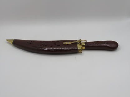 Handcrafted Kashmiri Walnut Wood Handled Knife with Carved Sheath and Brass Accents