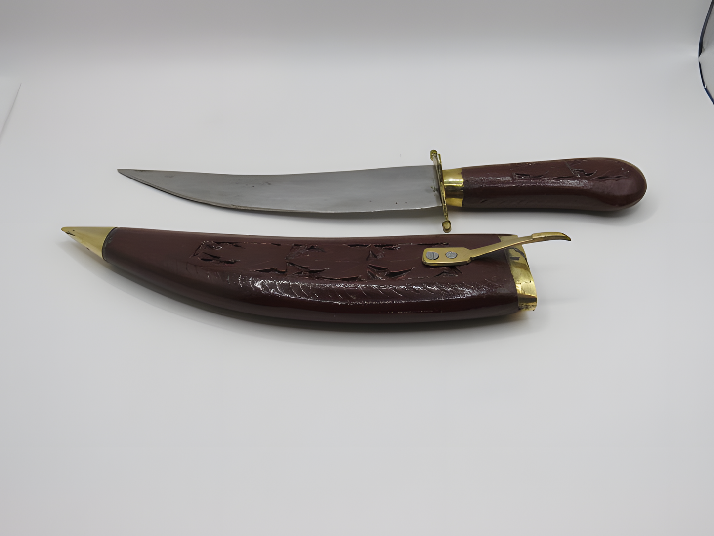 Handcrafted Kashmiri Walnut Wood Handled Knife with Carved Sheath and Brass Accents