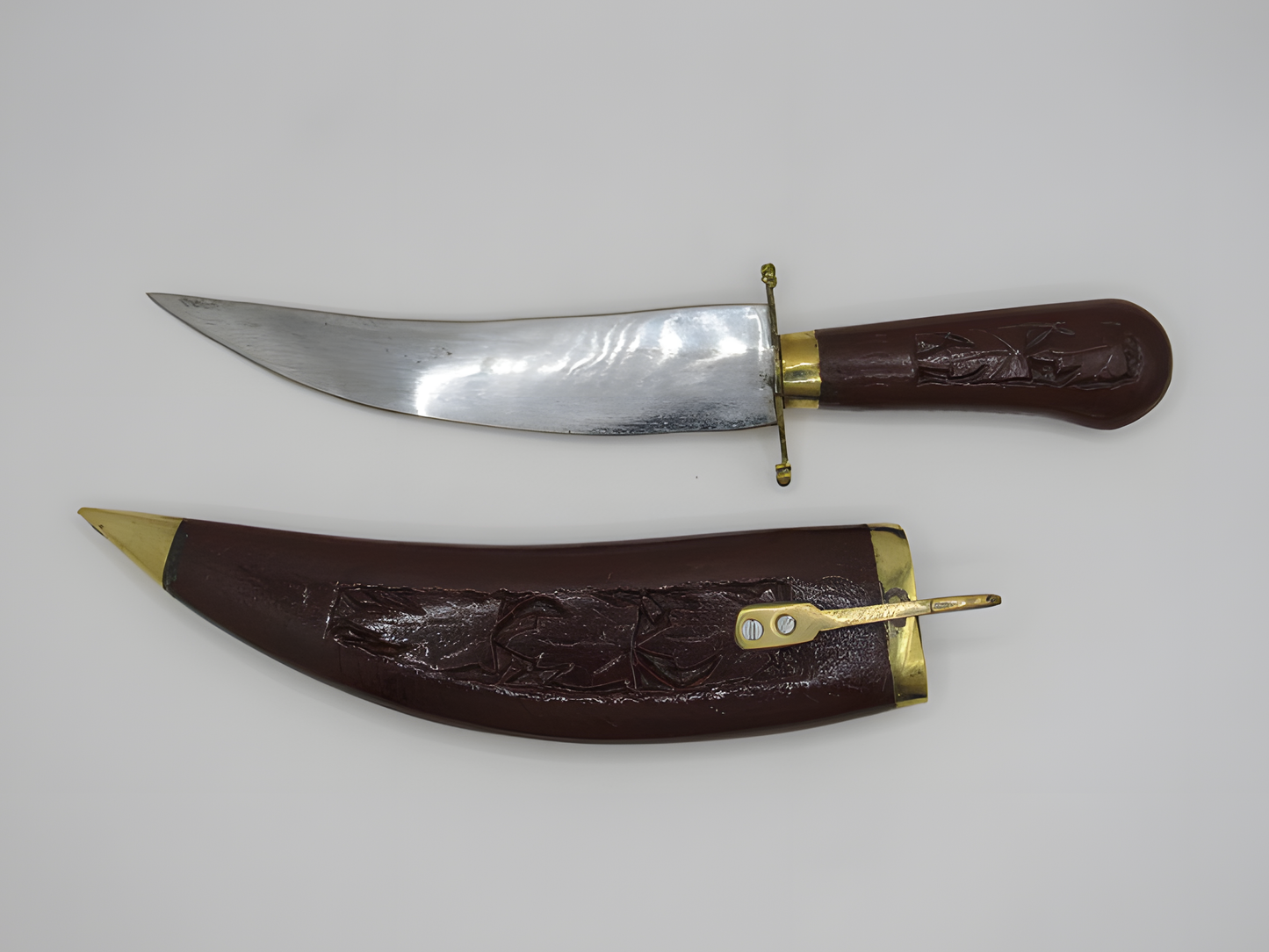 Handcrafted Kashmiri Walnut Wood Handled Knife with Carved Sheath and Brass Accents