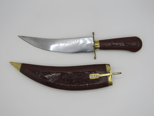 Handcrafted Kashmiri Walnut Wood Handled Knife with Carved Sheath and Brass Accents