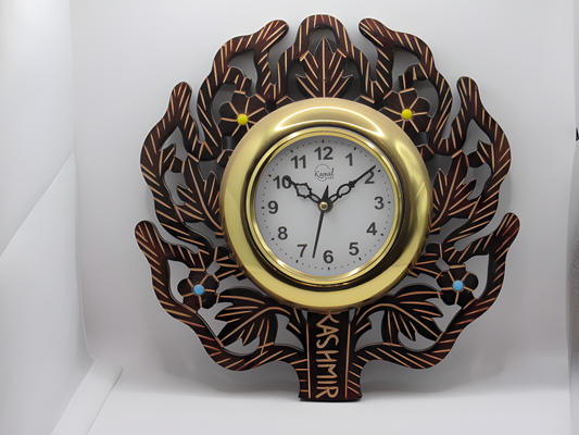 Handcrafted Walnut Wood Leaf Motif Wall Clock – Kashmir Art