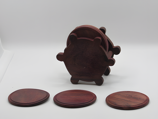Handcrafted Walnut Wood Coaster Set with Tree of Life Holder (Set of 6)