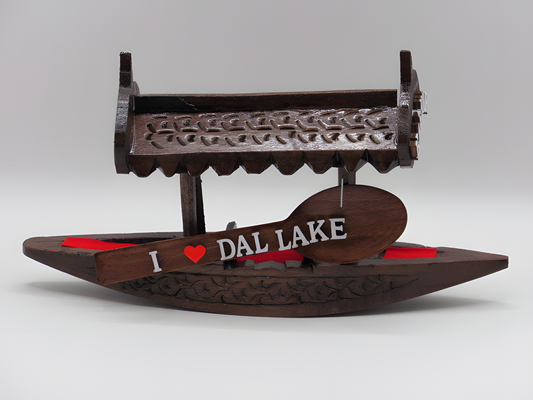 Handcrafted Walnut Wood Shikara Boat Showpiece – Dal Lake & Kashmir Motif