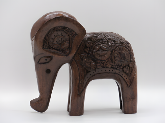 Handcrafted Walnut Wood Elephant Figurine with Intricate Floral Carving