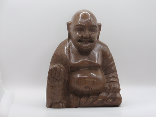 Handcrafted Kashmiri Walnut Wood Buddha Statue – Smiling Monk Figurine