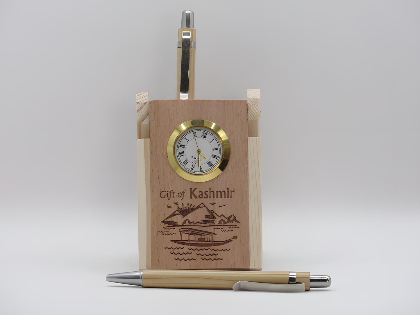 Gift of Kashmir Wooden Table Clock & Pen Stand Set with Houseboat Motif