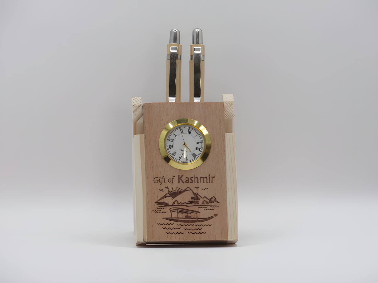 Gift of Kashmir Wooden Table Clock & Pen Stand Set with Houseboat Motif