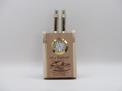 Gift of Kashmir Wooden Table Clock & Pen Stand Set with Houseboat Motif