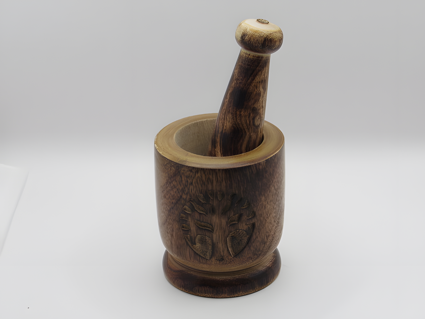 Handcrafted Kashmiri Walnut Wood Mortar & Pestle – Chinar Motif Crusher