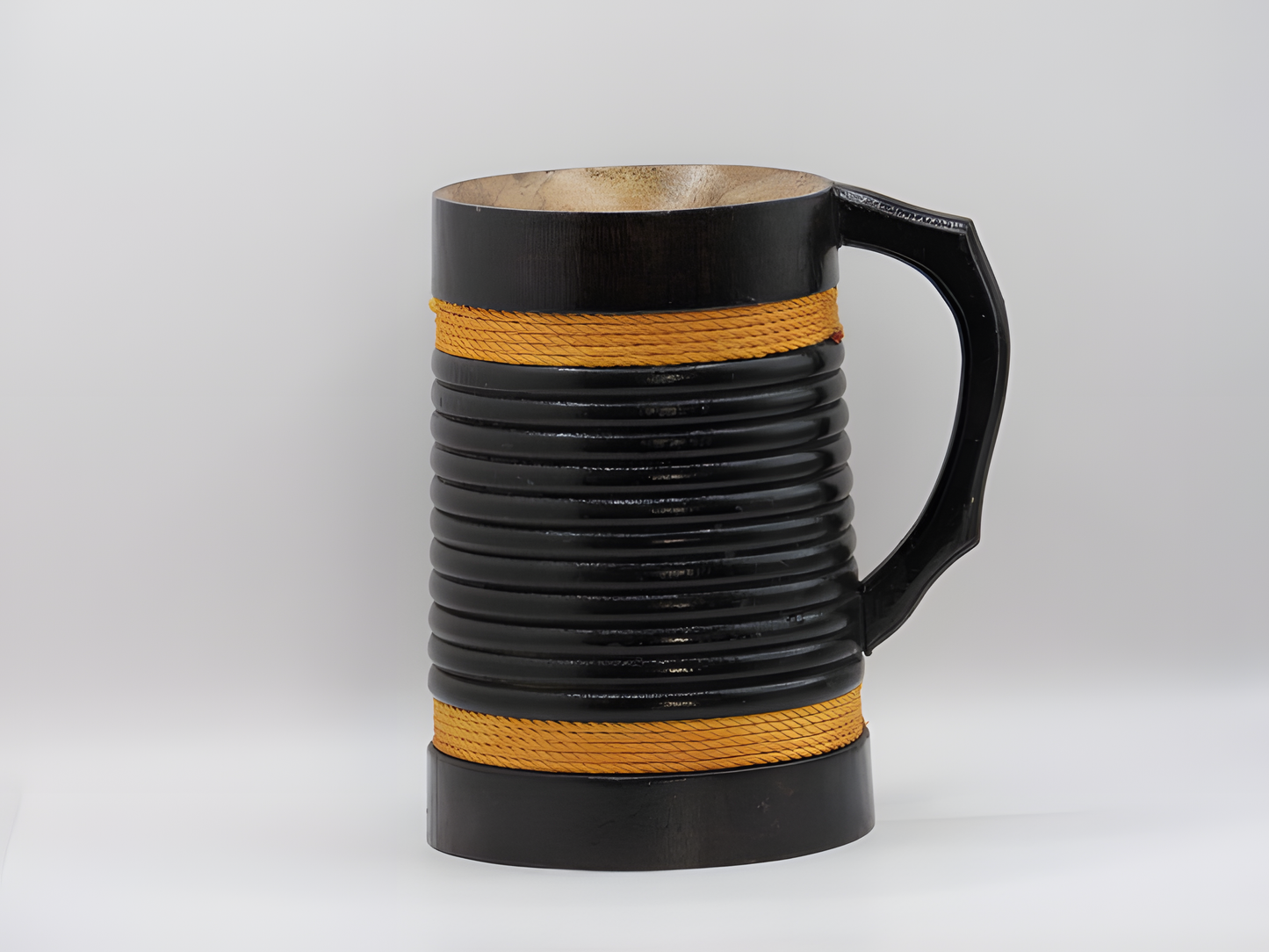 Handcrafted Kashmiri Wooden Mug – Black & Gold with Rope Accent