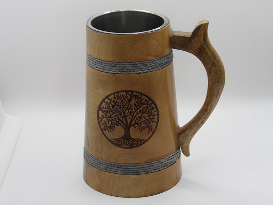 Handcrafted Wooden Beer Mug with Steel Liner & Tree of Life Engraving – Rustic Tankard
